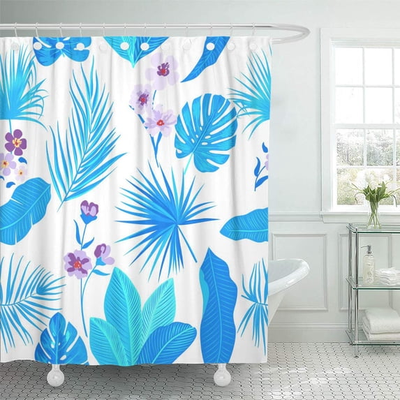 KSADK Green Aloha of Leaves Monstera Tropical Palm Tree and Flowers Blank Blossom Border Shower Curtain Bath Curtain 60x72 inch