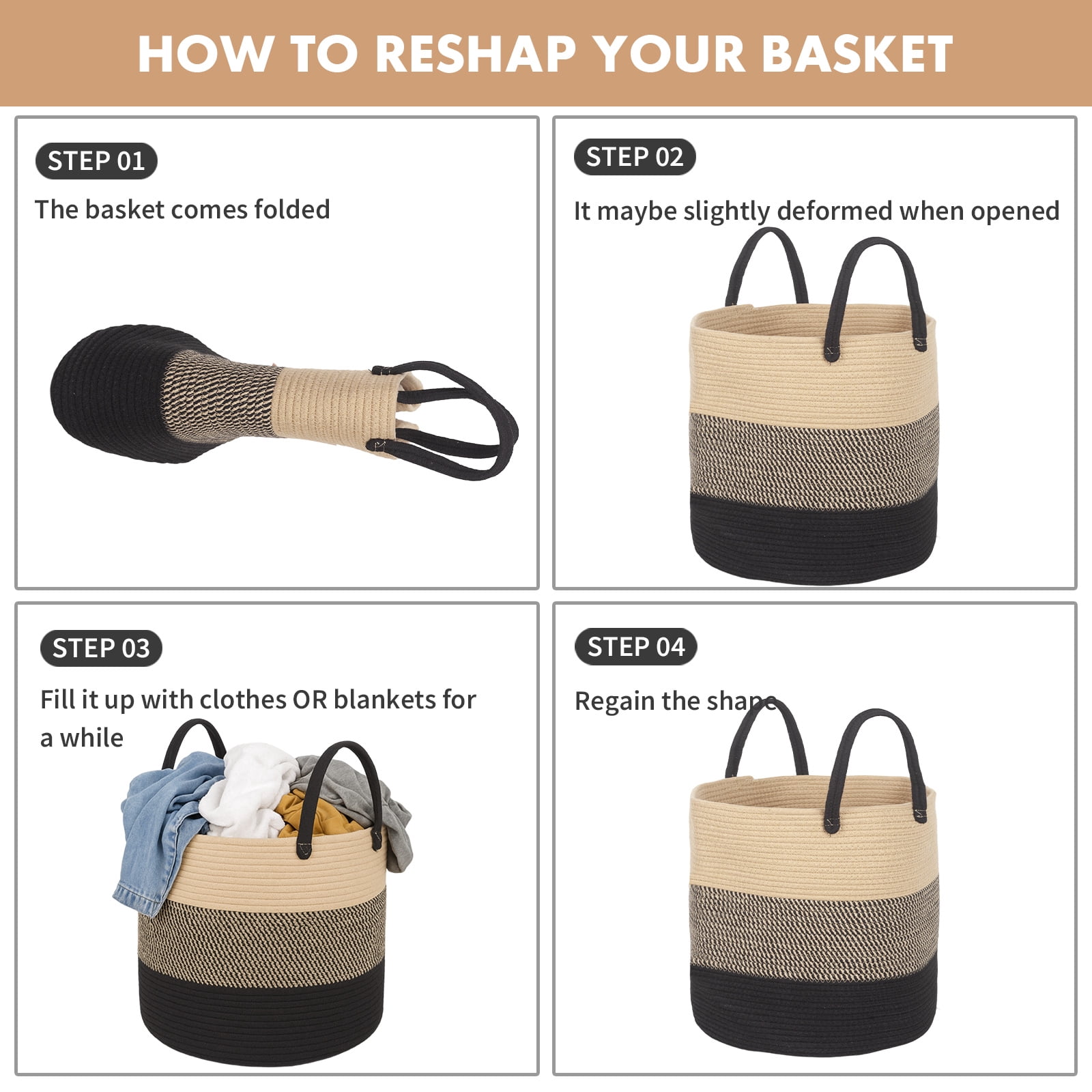 PinkSheep Laundry Basket, Collapsible Woven Cotton Rope Laundry Hamper Storage Baskets with Handles, Khaki Black