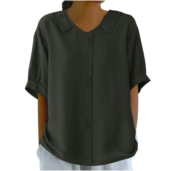 Women Summer Cotton Linen Tops Half Button Up Peter Pan Collar Shirts Short Sleeve Loose Pullover Casual Blouses (Small, Gray 01)