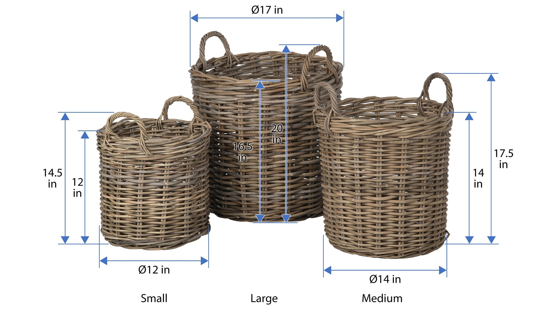 Kouboo Rattan Round Basket &, Nursery, Handwoven With Handles, Organizer, Indoor & Outdoor Planter Basket, Gray