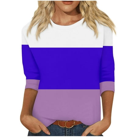 Ladies Tops and Blouses 3/4 Sleeve Ladies Christmas Tops Sale Oversized Gym Tshirts for Women T Shirts Loose Fit Fashion Women s Blouses Color Blocking Printed T-Shirt Round Neck Top