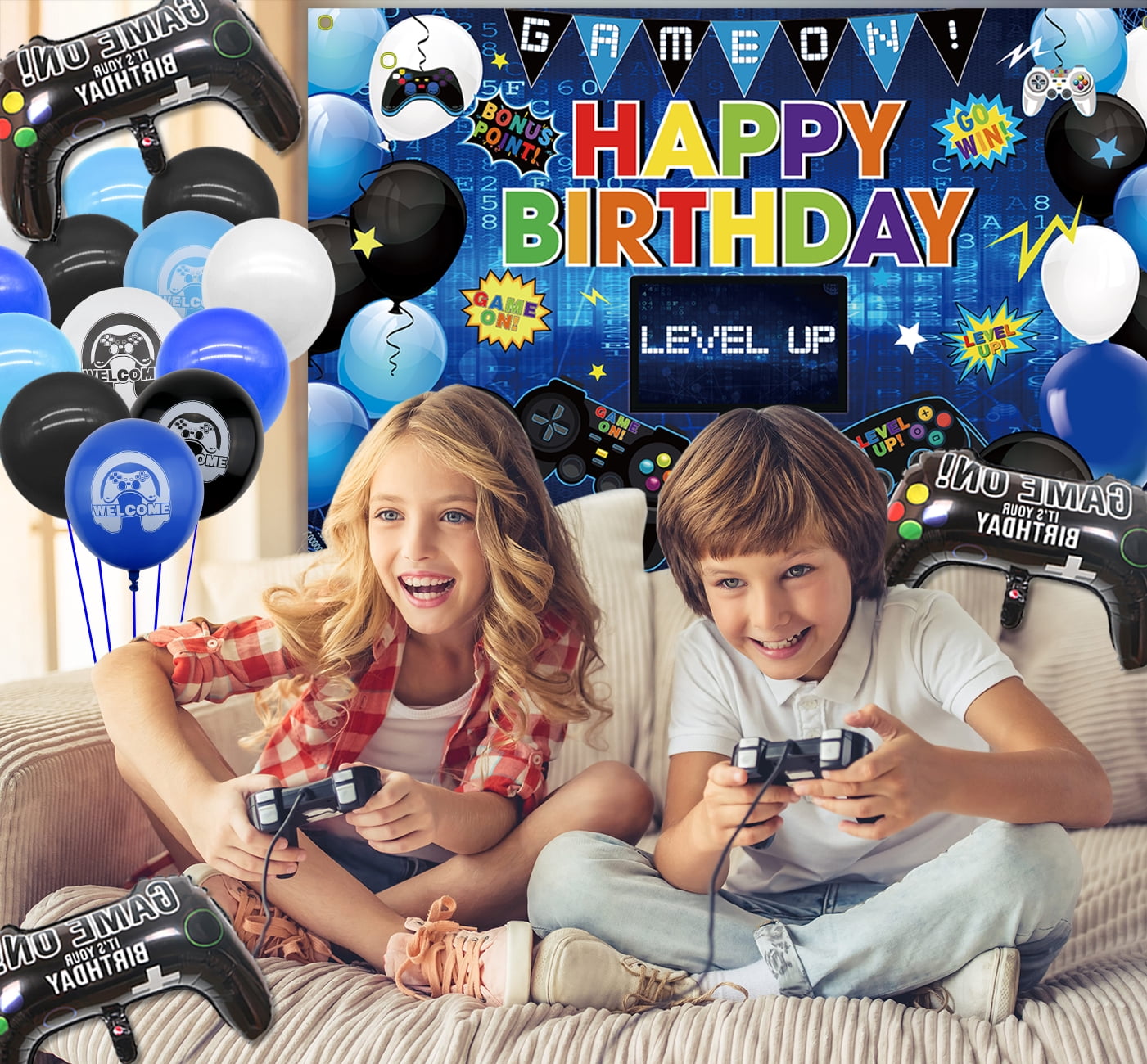 Video Game Happy Birthday Blue Decorations Set - Gaming Theme Happy Birthday Backdrop Tablecloth 82Pcs Balloons Garland Arch Kit for Kids and Gamer Birthday Party (Blue)