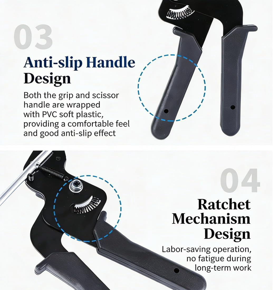 Stainless Steel Cable Tie Gun with Metal Zip Ties, Heavy Duty Tensioning and Cutting Tool, 304 Stainless Steel Cable Tie Gun Kit for Fence, Exhaust, Cable Management (1PC)