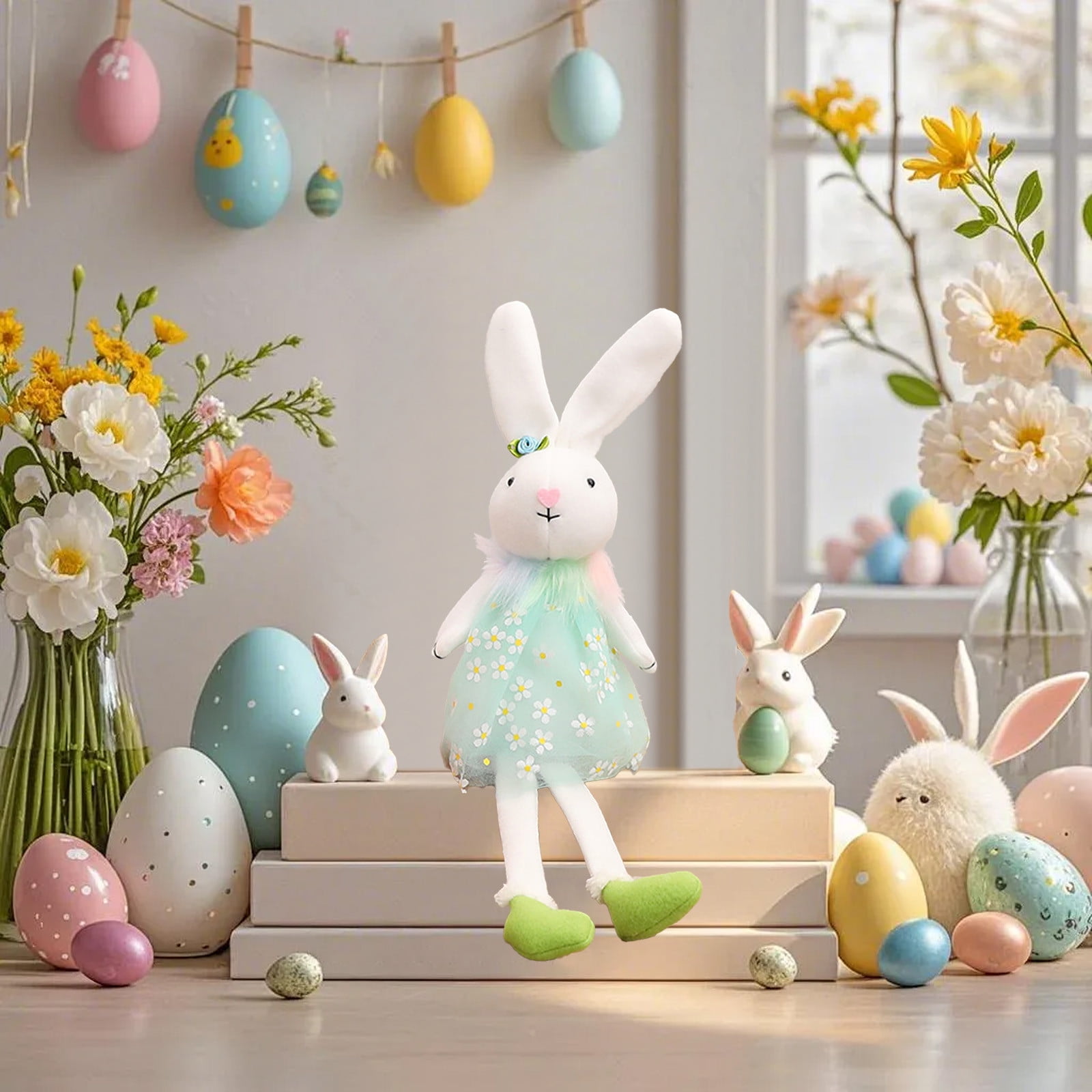 SHENGXINY Easter Bunny Plush, Fabric Bunny Rabbit Toy, Easter Decorations, Stuffed Animals,Standing Statue With Carrots Baskets For Layered Plates Table Decor Blue 17.32x5.91x5.91in