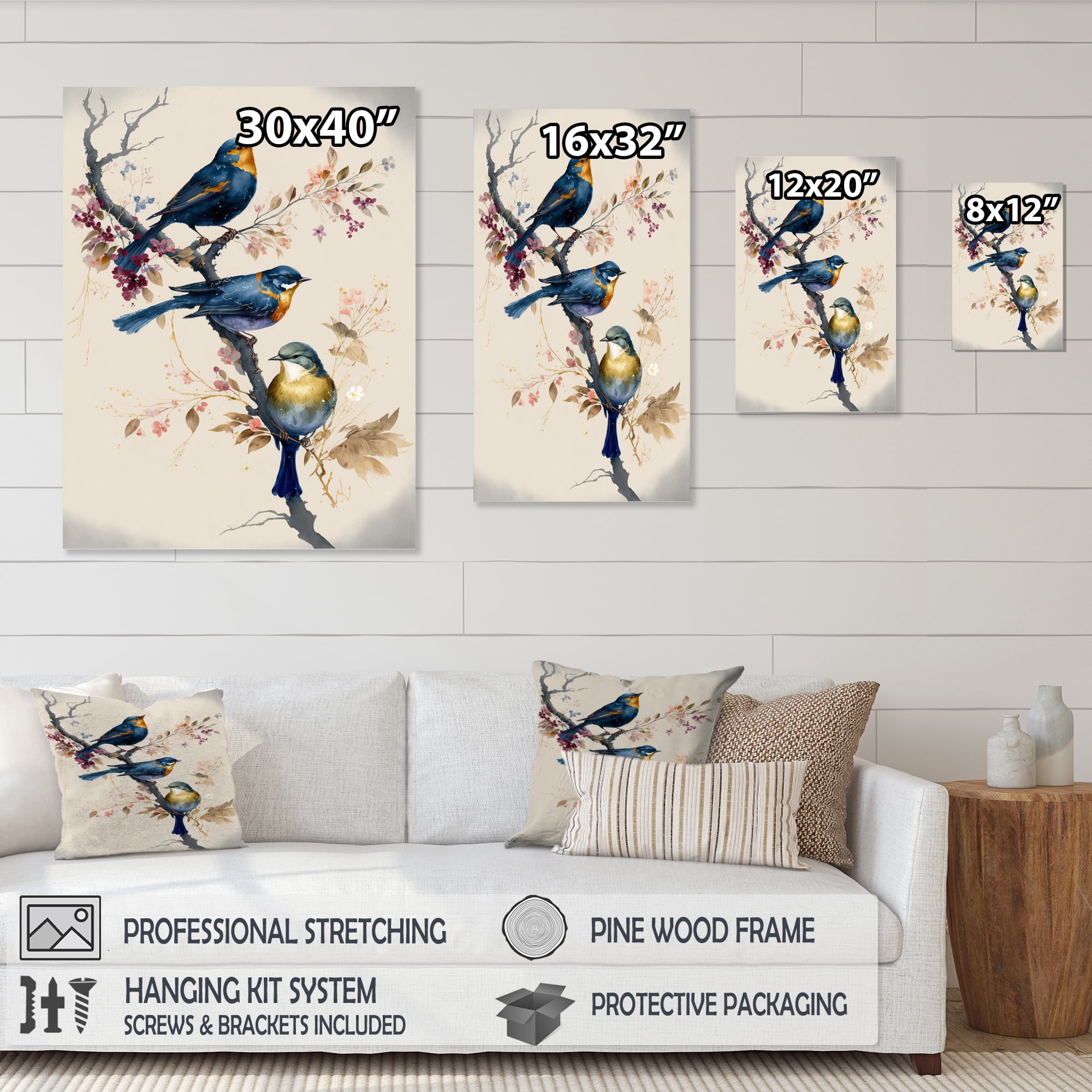 Designart Multicolor Birds On Plum Blossoms Tree XV Canvas Wall Art