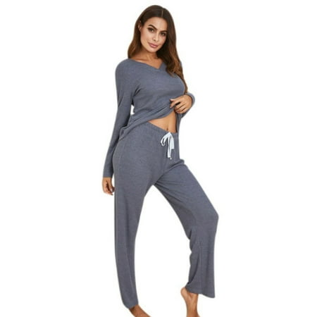 

Clearance Women Pajama Sets Joggers Loungewear Long Sleeve V Neck Waffle Knit Soft Top and Comfy Drawstring Waist Pajamas Pants Two Piece Sleepwear Sweatsuit Casual Workout Outfits Set S-2XL Blue