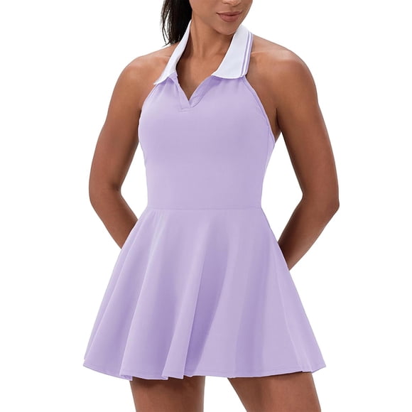Lovzfmll Tennis Dress for Women, Active Fit Collared Sleeveless with Built-in Shorts, Casual Mini Dress Purple, XL