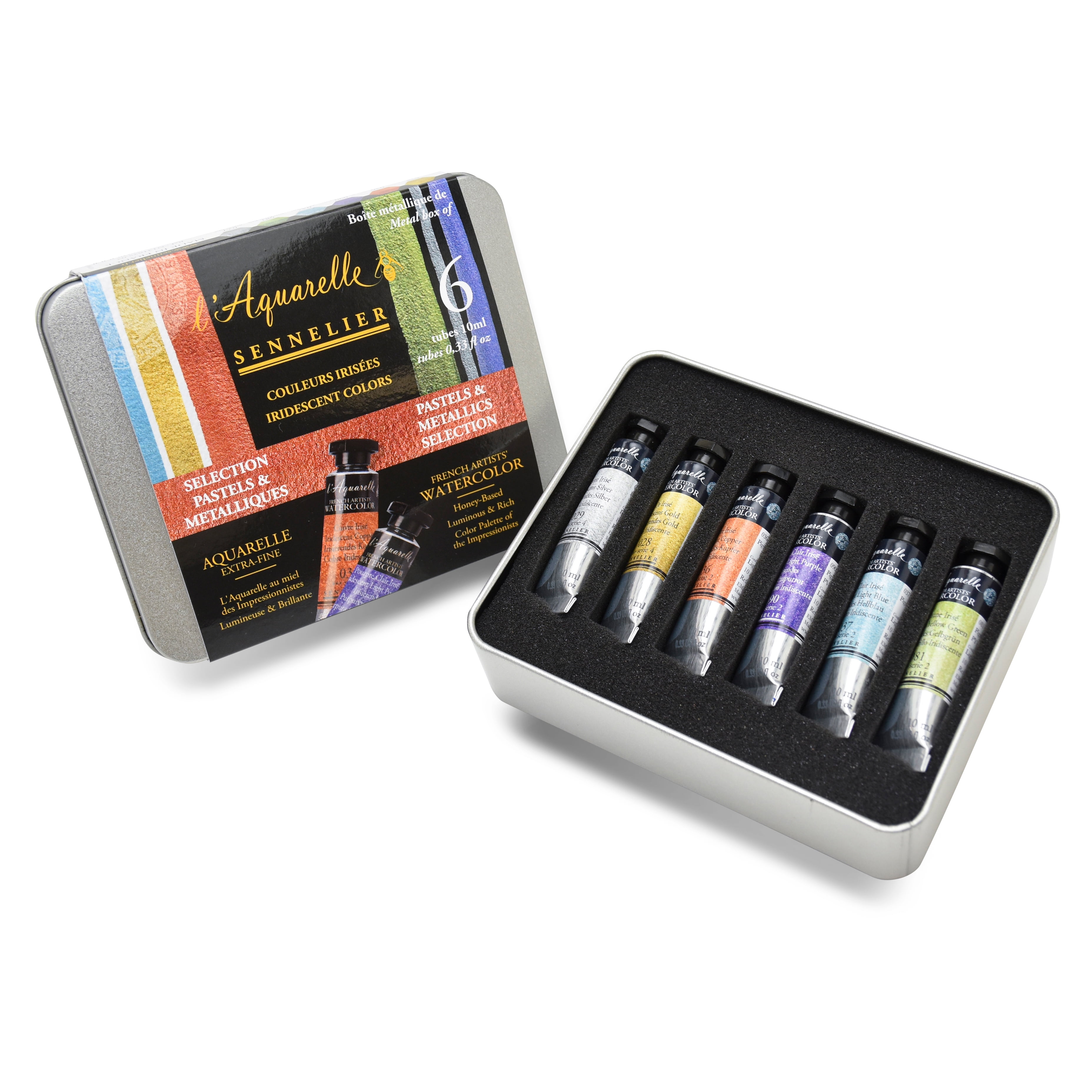 Sennelier French Artists' Watercolor Set - Set of 6, Metal Case, Iridescent Pastel, 10 ml