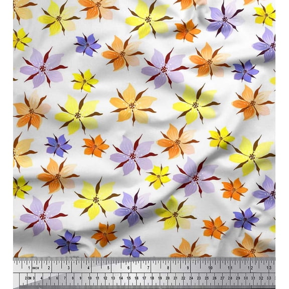Soimoi Yellow Silk Fabric Wildflower Floral Print Fabric by the Yard 42 Inch Wide