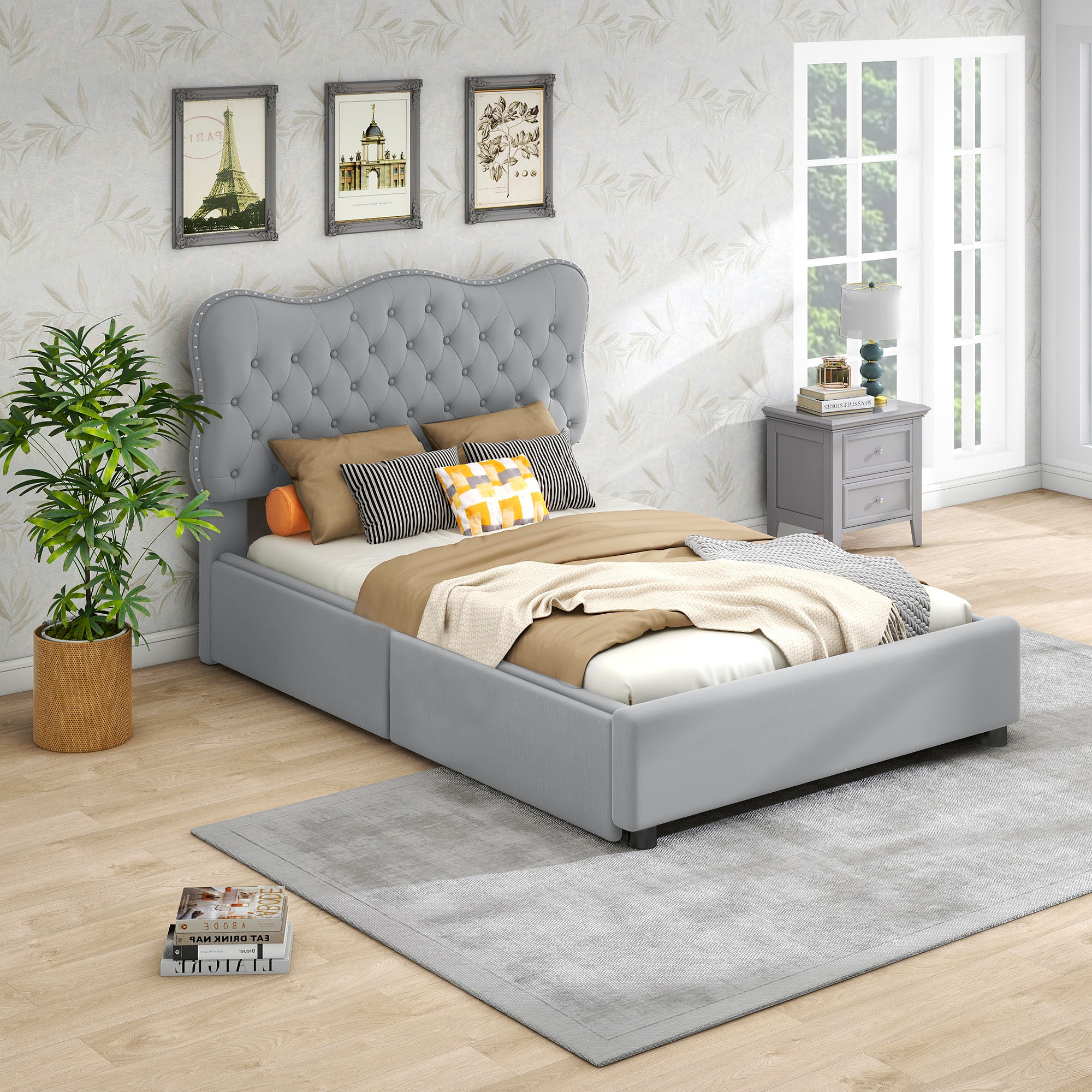 Euroco Upholstered Queen Bed with 4 Drawers, PU Leather Platform Bed with Headboard, White