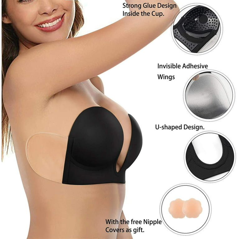 Gotoly Invisible Adhesive Strapless Bra Sticky Push Up Silicone Bra with  Nipple Covers for Women (Black X-Large) 