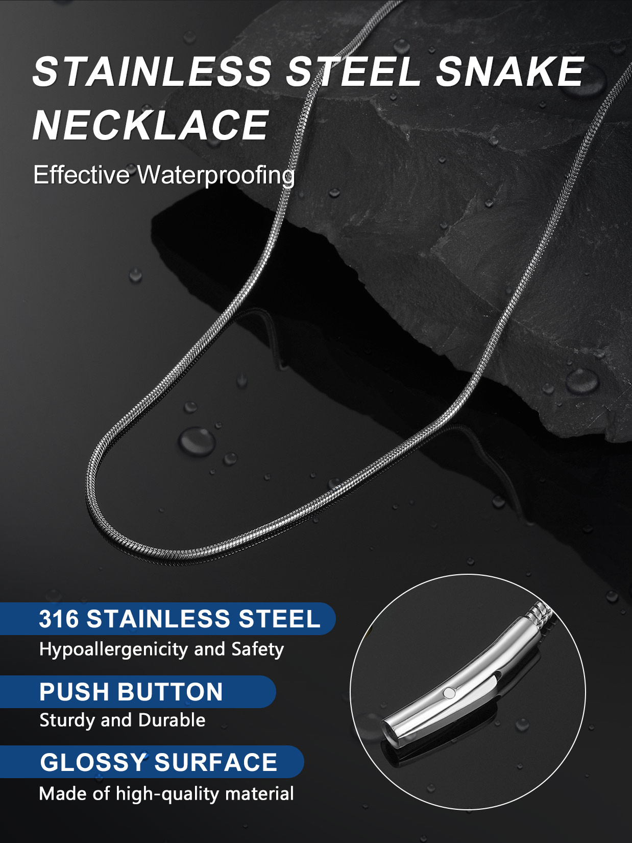 ChainsProMax Round Snake Chain for Men Women Stainless Steel Waterproof Necklace Chain for Pendant Fathers/Mothers Day Gift Dad Mom