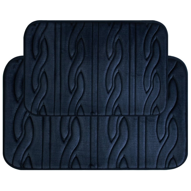 Dearfoams 2pc Faux Fur Embossed Cable Pattern Bath Rug Set, Navy Blue