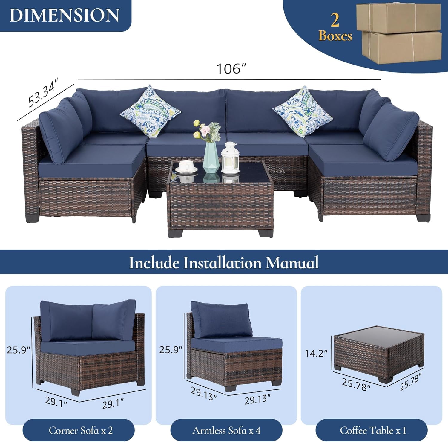 7 Pieces Outdoor Patio Furniture Set, Wicker Sectional Sofa Set Rattan Modular Patio Conversation Sets with Cushions Couch Set & Coffee Table for Outside, Garden, Balcony, Porch, Brown/Blue
