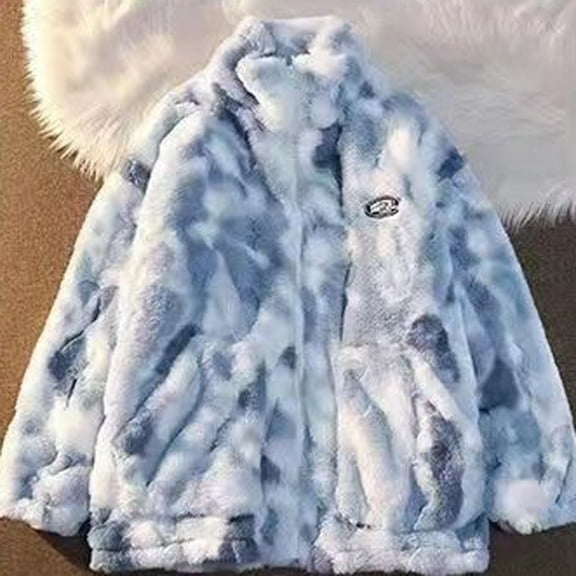 IROINNID Women's Autumn And Winter Warm Short Coat Tie-Dye Overcoat Long Sleeve Outwear, Light Blue