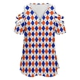 thumbnail image 4 of Orange And Blue Traditional Argyle All Over Print Womens Summer V Neck Zipper Top Short Sleeve T Shirt Off Shoulder Top Casual Classy Loose Shirts, 4 of 7
