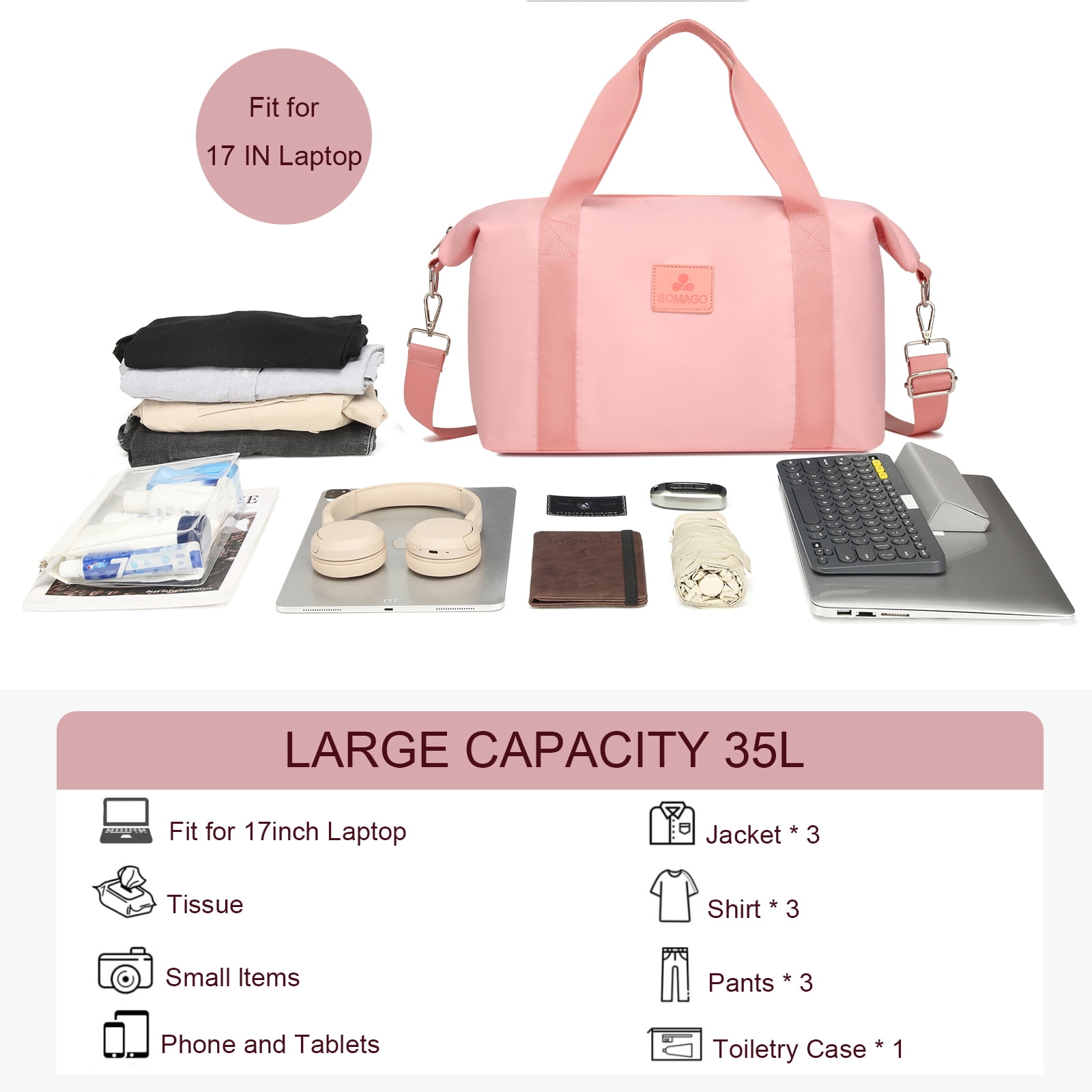Somago Travel Duffel Bag Weekend Bag Carry On Tote Water Resistant Travel Essentials Sport Gym Bag For Men & Women Overnight Bag Luggage Bag With Trolley Sleeve For Hospital Business Trip