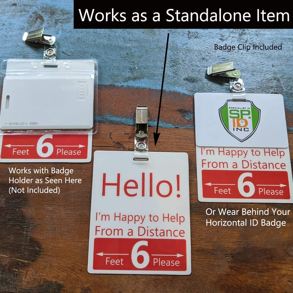 Bulk 25 Pack - Social Distancing Badge Buddies - Extra Large 6 Feet Distance Buddy Badges with I'd Clip - Individual Sign for Essential Employee or Health Care Worker by Specialist ID (Red/White)