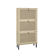 Hassch Rattan Shoe Cabinet for Entryway, Hidden Shoes Storage Cabinet, Boho Narrow Shoe Organizer with 3 Flip Drawers, Freestanding Wood Shoe Cabinet with Metal Legs for Foyer, Hallway (Natural)