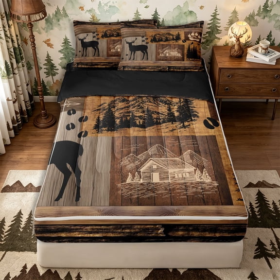 Castle Fairy Jungle Animal Beer Zipper Twin Comforter Sets with Fitted Sheet and 2 Pillowcases,Rustic Cabin Wildlife Zipper Bedding Set,Natural Brown Black,Black Reversible,4-Piece