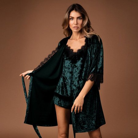 

QWZNDZGR Hiloc Lace Patchwork Velvet Robes Women Sleepwear Set Woman 3 Pieces Home Robe Pajama Sets Nightwear Knitting Bathrobe Female