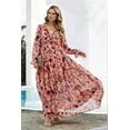 thumbnail image 2 of Women'S Boho Maxi Dress V Neck Puff Long Sleeve Ruffle A-Line Split Swing Chiffon Dresses Red Flower M, 2 of 6