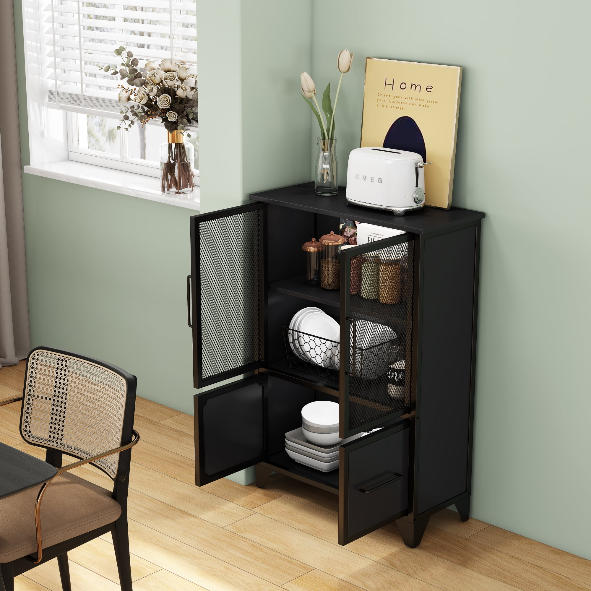 Storage Cabinet,3-Tier Farmhouse Kitchen Sideboard With Adjustable Shelf & 4 Iron Doors for Living Room,Kitchen,Black