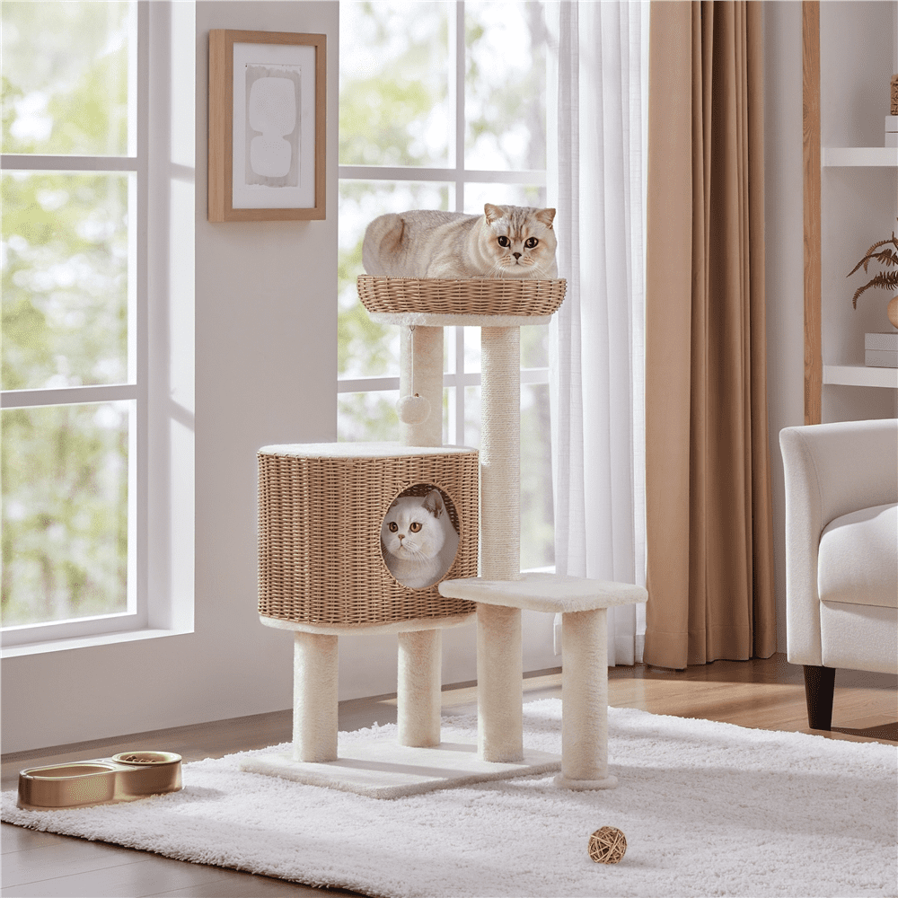 Renwick 36" Tall Rattan Cat Tree with Natural Sisal Scratching Post, Beige