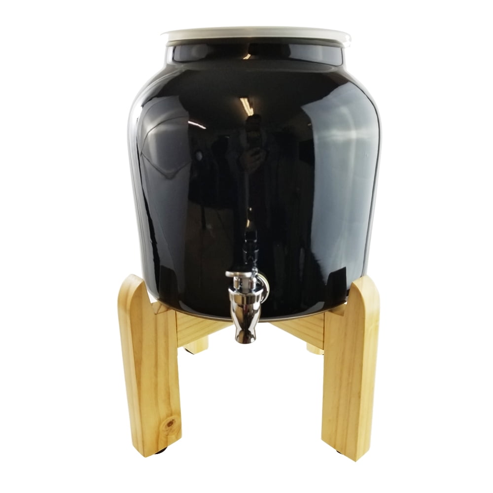 Premium Solid Black Porcelain Water Crock Dispenser & Wood Counter