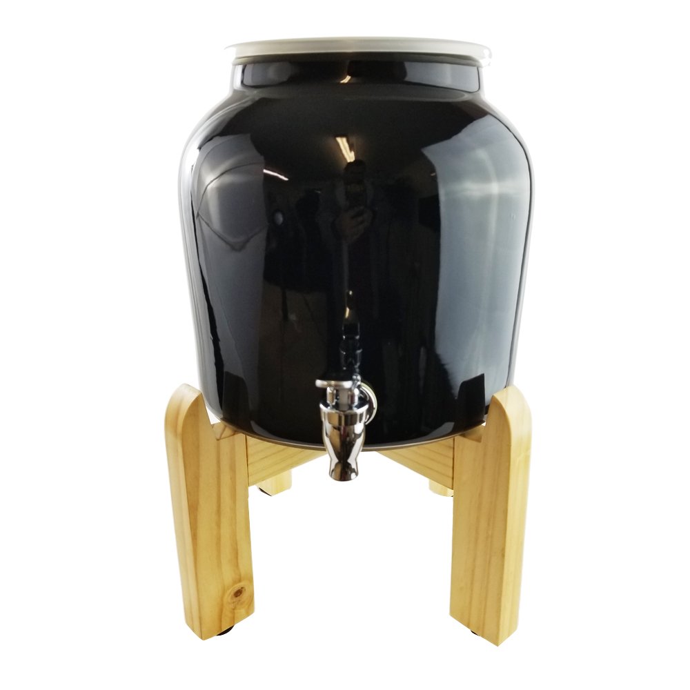 Premium Solid Black Porcelain Water Crock Dispenser & Wood Counter