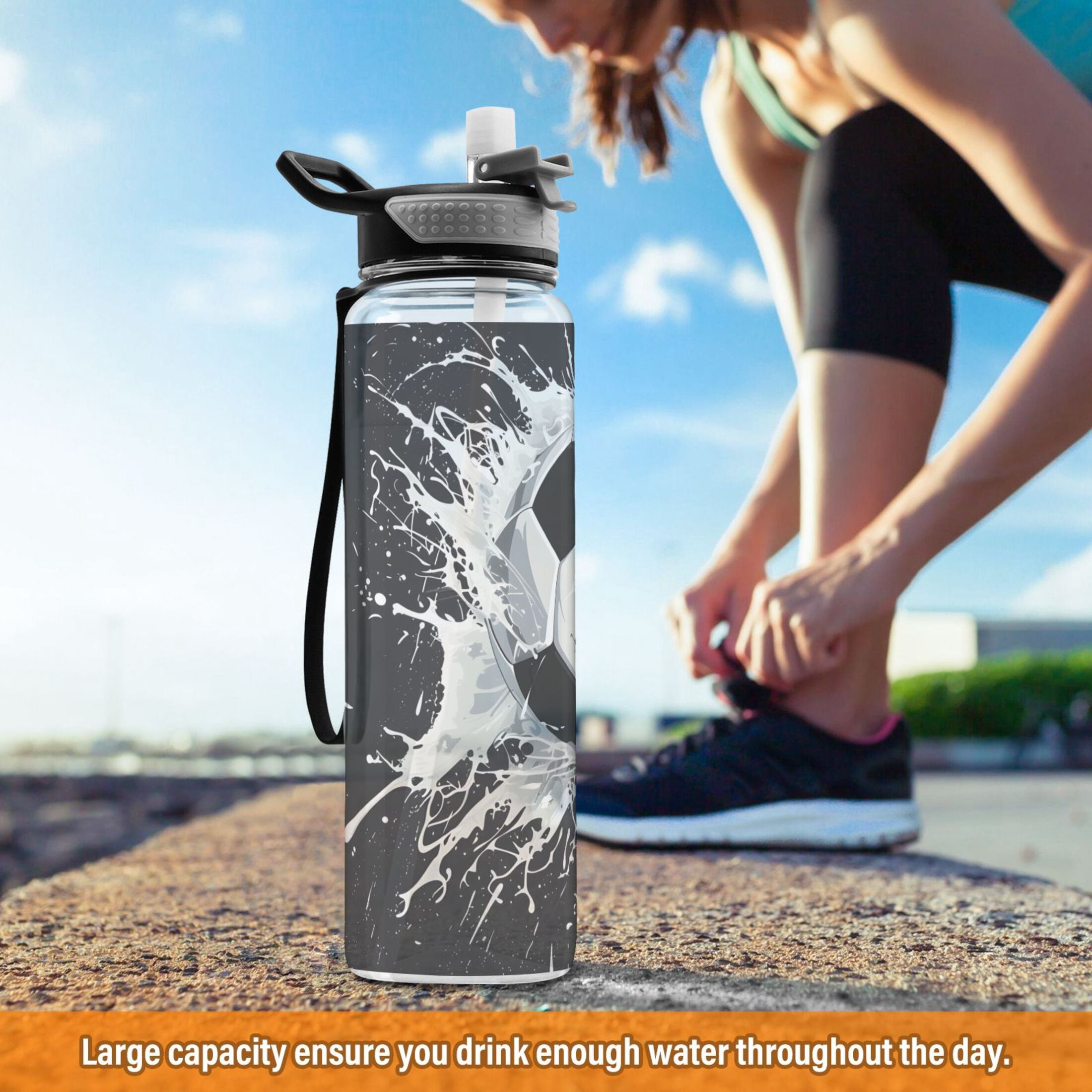 32 Oz Sports Water Bottle with Straws Soccer Ball Tritan Clear Bottles BPA Free Leakproof Cup for Outdoor School Gym Fitness