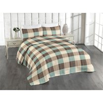 Ambesonne Abstract Quilted Bedspread Set 3 Pcs, Sketchy Squares Modern Art, King, Brown Beige and Pale Teal