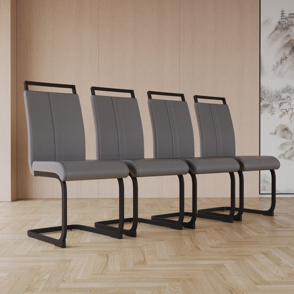 Of 4 Modern Dining Chairs - Grey Pu Faux Leather High Back Upholstered With Tube Metal Legs For Dining, Kitchen, Living Facility (4 ) Office Storage Fixture