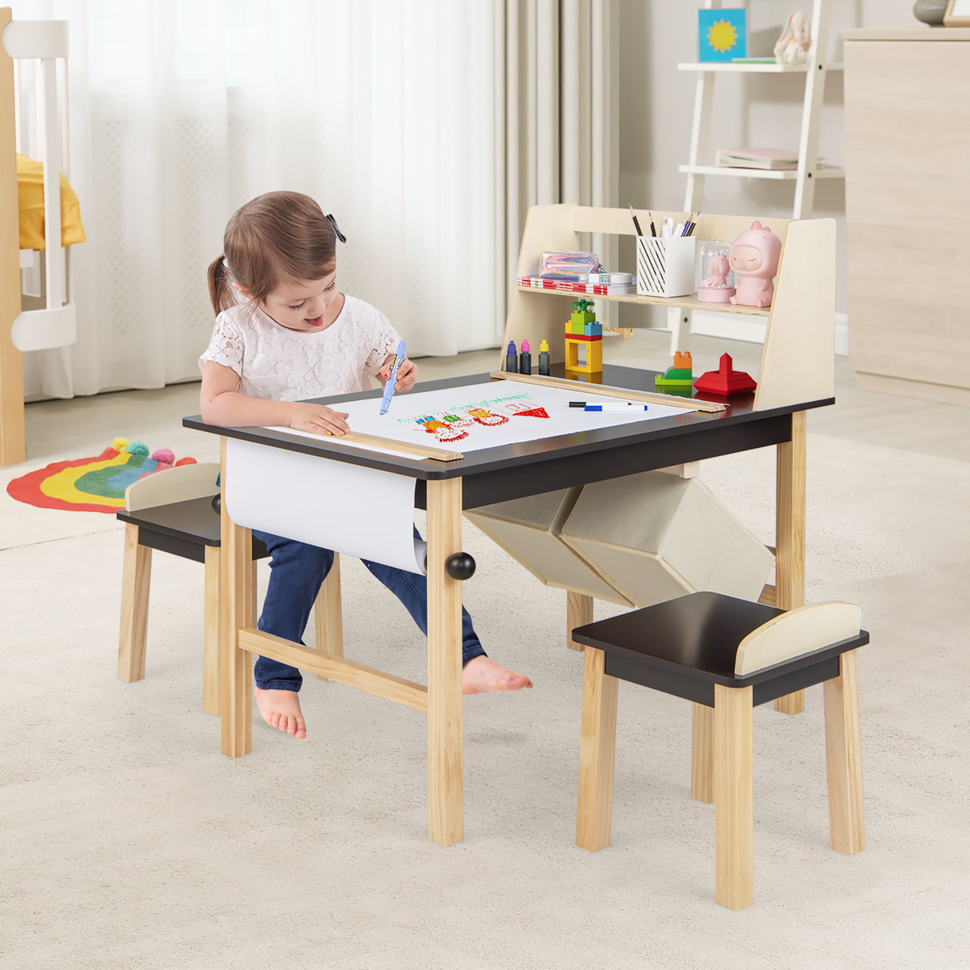 Costway Kids Art Table & Chairs Set Wooden Drawing Desk with Paper Roll  Storage Shelf Bins 