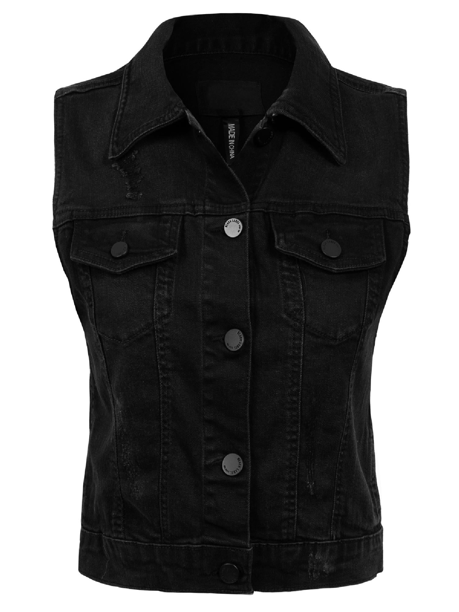 Made by Olivia Women's Sleeveless Button up Jean Denim Jacket Vest  Distressed Black S 