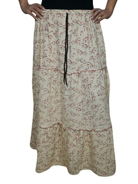 Mogul Womens Maxi Long Skirt Printed Flared Tiered Elastic Waist A-Line Beige Gypsy Boho Chic Skirts