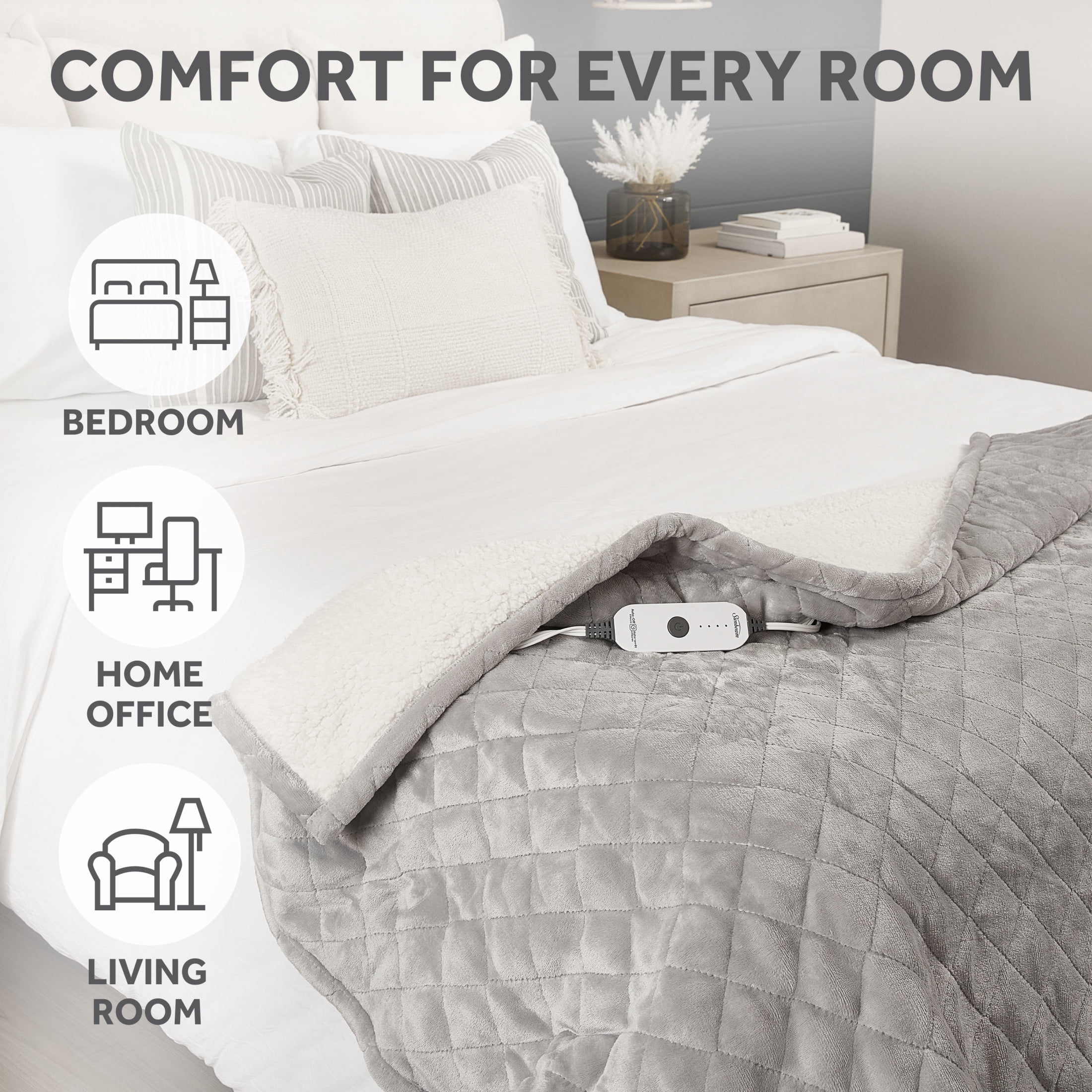 Sunbeam Heated Throw Blanket Quilted Velvet Reverse Sherpa Dove Gray 4 Heat Settings 4 Hour Auto Shut Off 50"x60"
