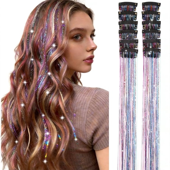 Hair Tinsel Extensions 12PCS Clip in Glitter Fairy Hair Accessories 20 Inch Heat Resistant Synthetic Strand Party Kit for Women Girls Colorful