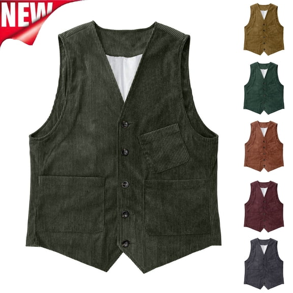 Tqyyweavej Mens Corduroy Vests Vintage Single Breasted V Neck Waistcoat Solid Color Classic Ribbed Vests with Pockets Size XS to 3XL