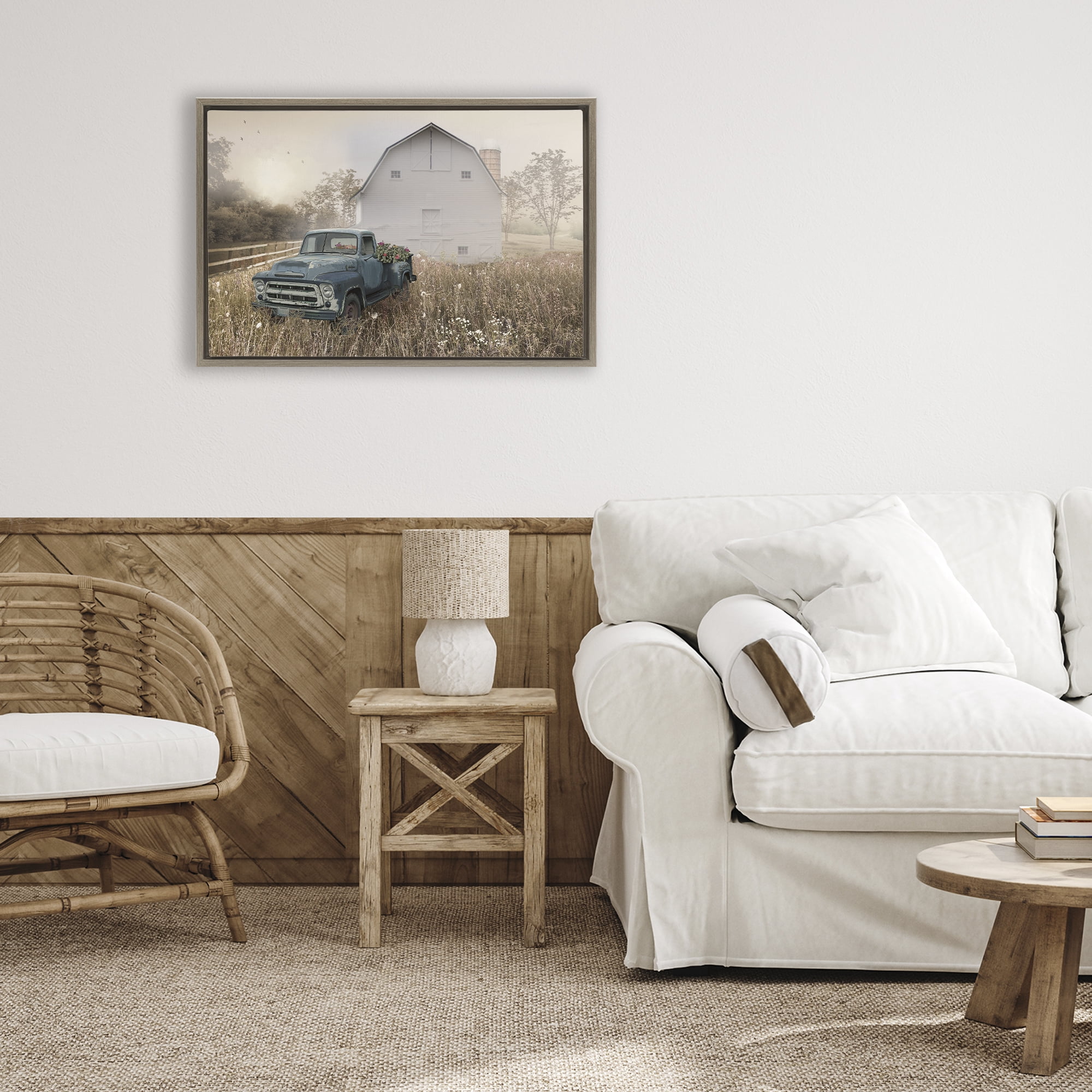 Stupell Industries Vintage Pickup in Wildflowers Brown Framed Floater Canvas Wall Art, design by Nan