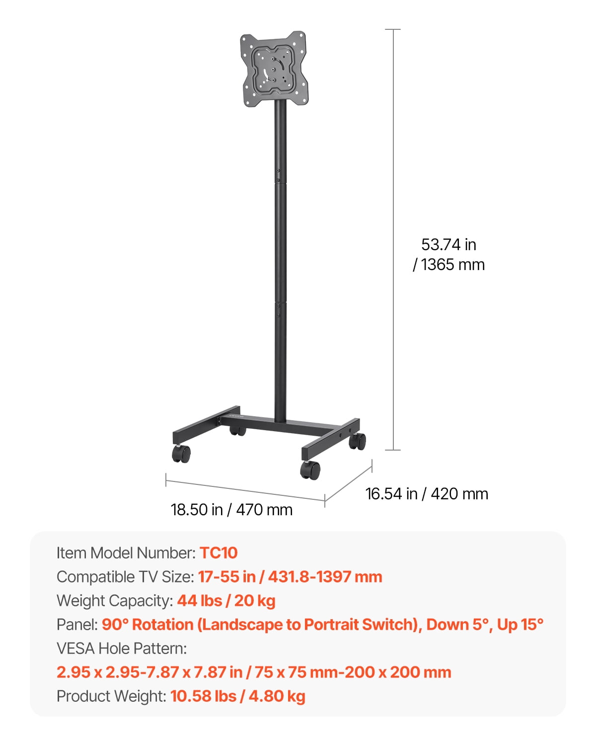 VEVOR Rolling TV Stand, Mobile TV Cart for 17-55 Inch Screens, Portrait to Landscape, Portable TV Stand with Wheels Holds up to 44 lbs for Living Room, Bedroom, Office, Outdoor, Max VESA 200x200mm