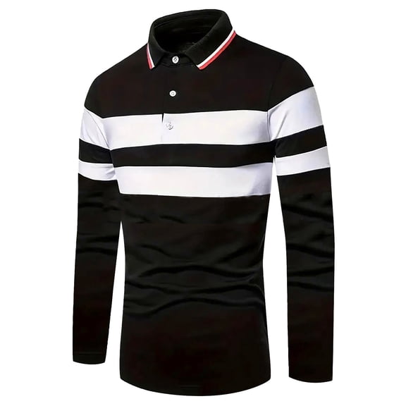 Bibifish Mens Polo Shirts Thick Black White Horizontal Striped Block Shirts Mens Fall Winter Weekend Casual Tops