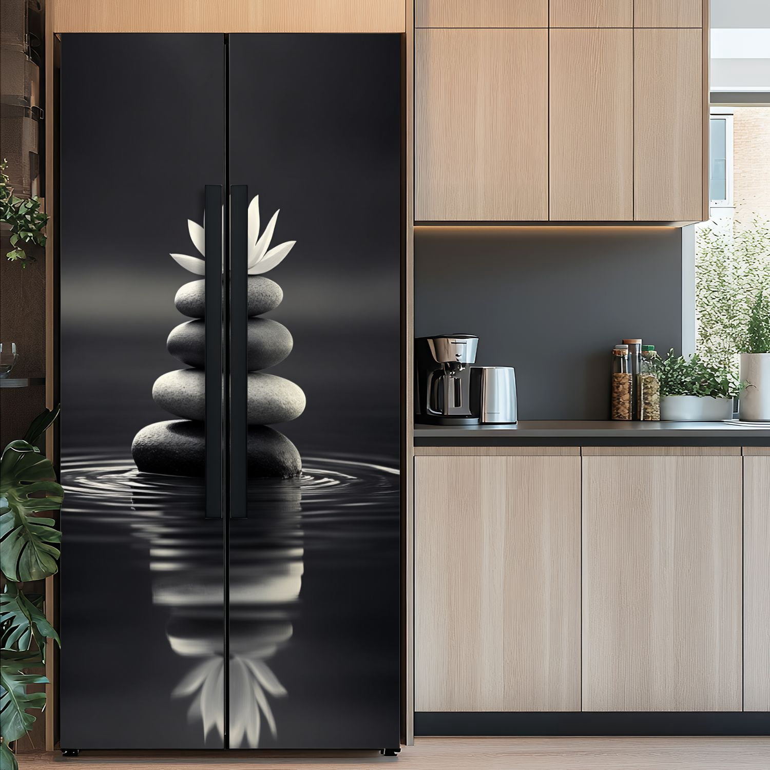 Self Adhesive Vinyl Refrigerator Wrap Set Serene Stacked Stones White Lotus Calm Water Spiritual Calm Door Mural Removable Fridge Sticker Peel and Stick&nbsp;Full Door Cover Decal Kitchen Bar Decor
