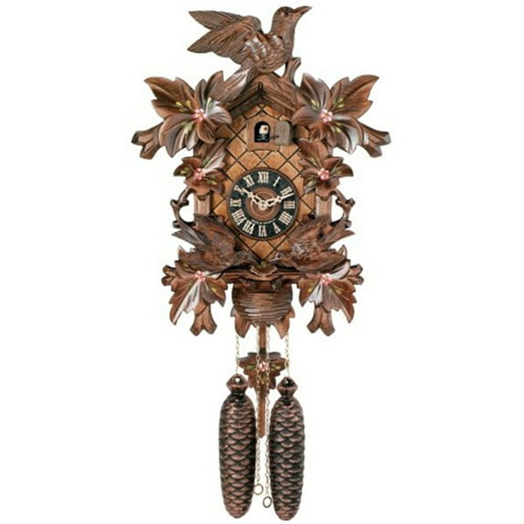 River City Clocks Eight Day Cuckoo Clock with Hand-painted Flowers, Leaves, and Animated Birds Feeding Baby Birds - 16 Inches Tall - Model # 815-16P