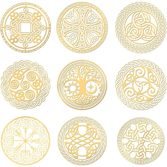 9pcs 1.6x1.6 Inch Celtic Symbol Stickers Cross Knot Stickers Self Adhesive Gold Metal Stickers Triple Spiral Metal Stickers for Scrapbooks DIY Crafts Phone Decoration DIY