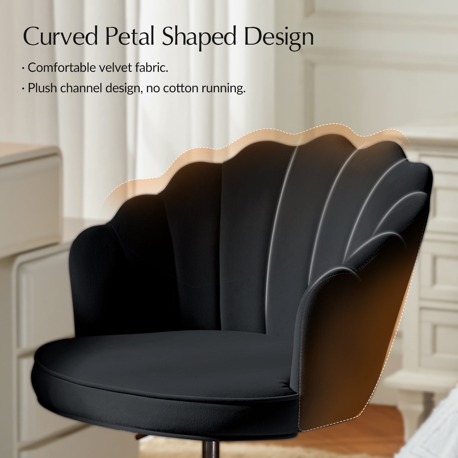 Office Chair Velvet Upholstered Task Computer Desk Shell Makeup Vanity Swivel Adjustable Metal Gold Base Bedroom Black