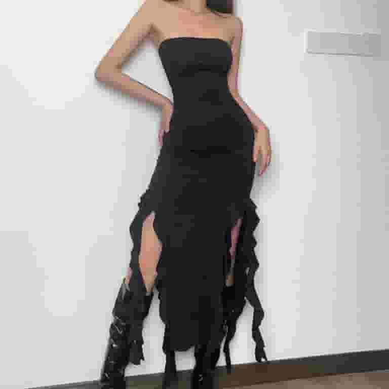 asymmetrical tube dress Amazon.com: Women Bodycon Tube Top Dress Elegant Strapless Ruched Side Ruffle Thigh Split Irregular Dresses Apricot S : Clothing, Shoes & Jewelry