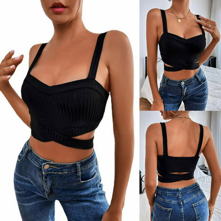 EHQJNJ Tube Tops for Women Plus Size Built in Bra Women Solid Color  Suspenders Sleeveless Vest Hollow Open Back Tank Blouse Top A Tops for Women  Black Tank Top Womens Tank Tops