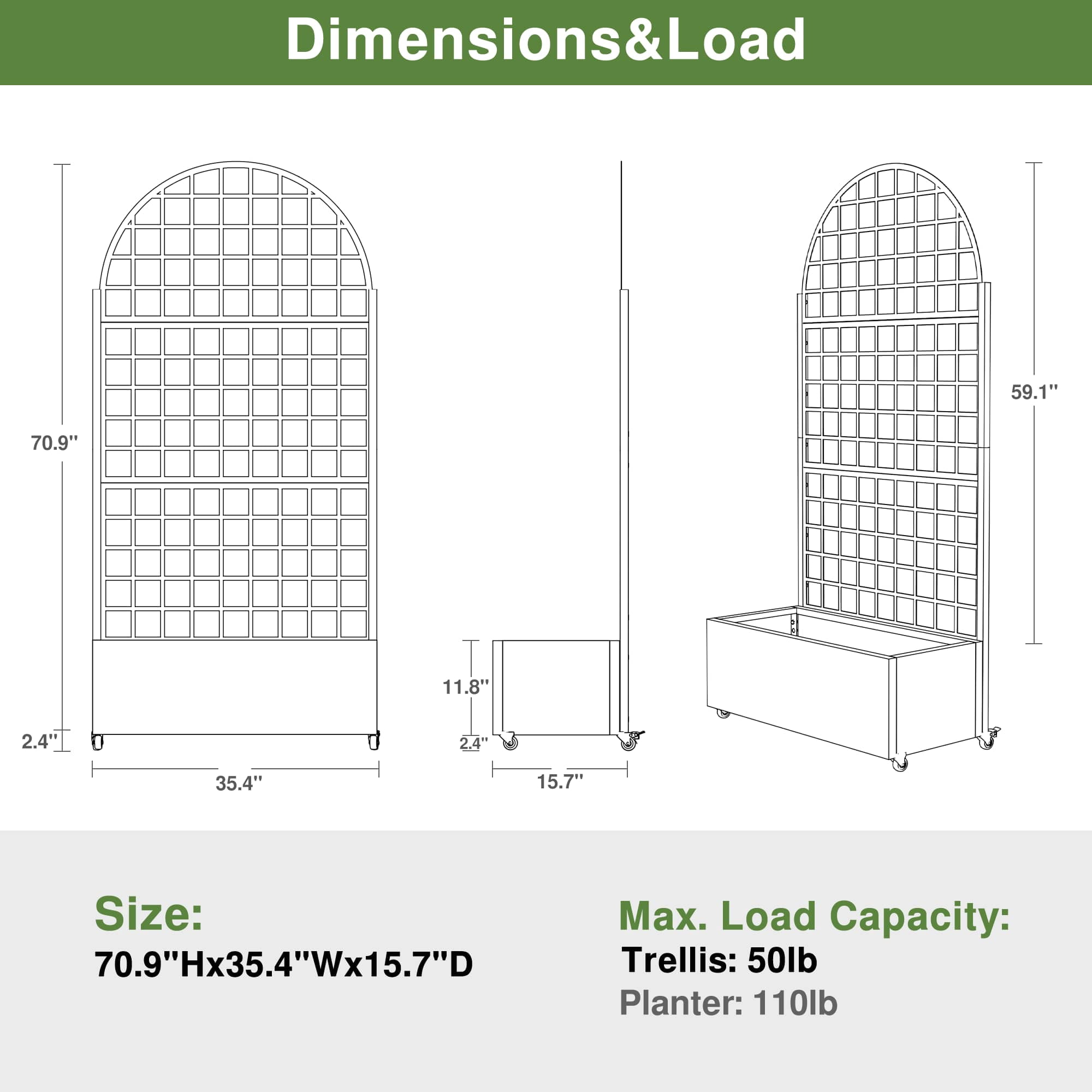 MAYEERTY 71" x 35" Metal Raised Garden Bed with Trellis Planter Box for Climbing Plants, Gray