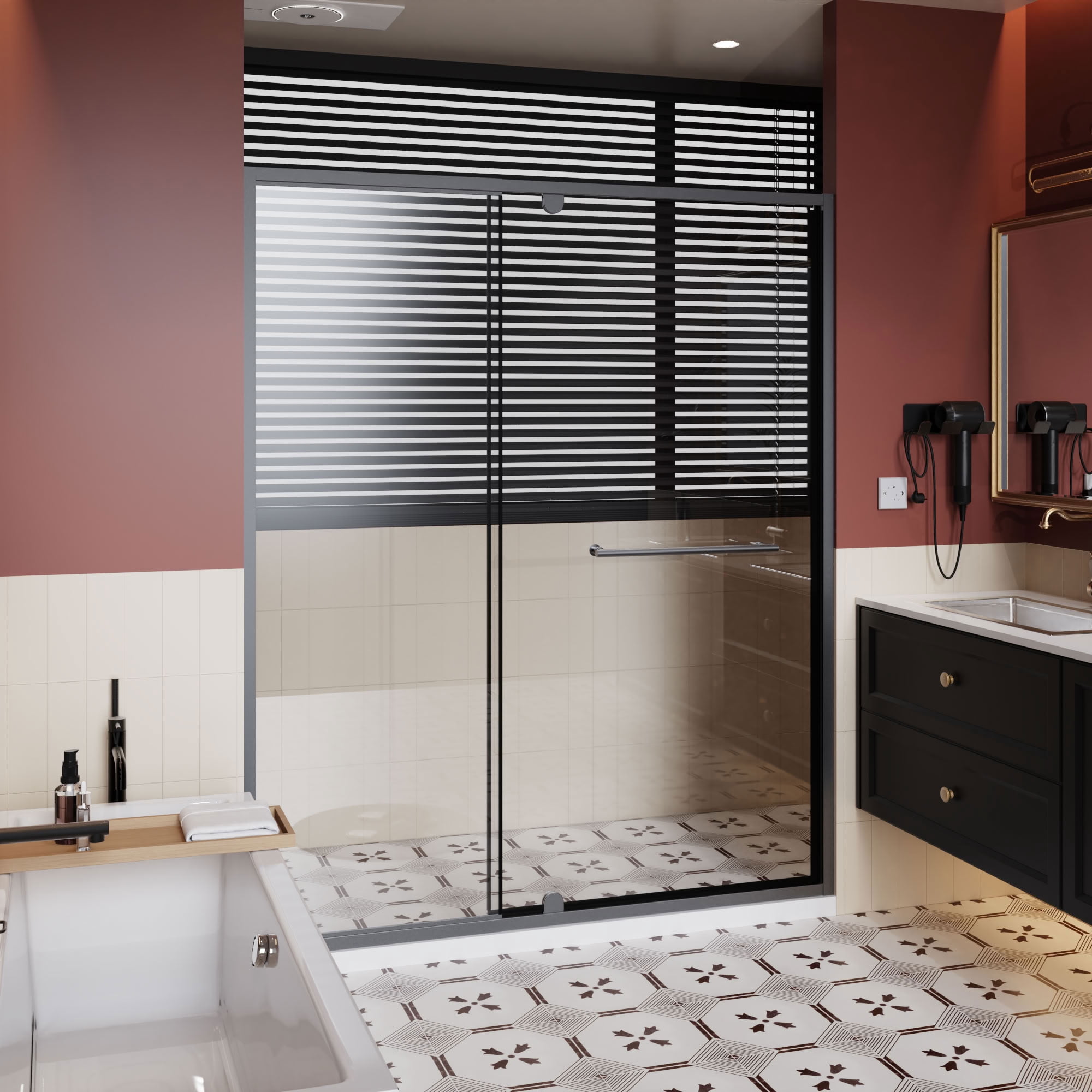 MAYEERTY Pivot Shower Door, Black Aluminum Frame, 1/4" Tempered Glass with Stainless Steel Handle, Waterproof & Adjustable Width